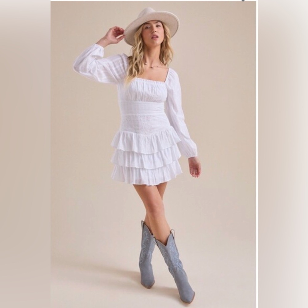 NWOT Altar’d State Naomi White Embroidered Tiered Ruffle Mini Dress Cottagecore